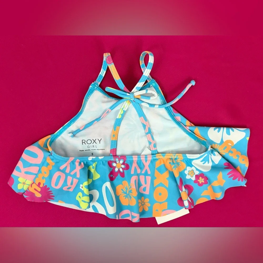 Roxy Girls Razorback Power Flutter Bikini Top Bachelor Button Groovy Size 5 NWT